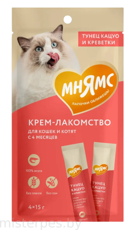 Мнямс Крем-лакомство с тунцом Кацуо и креветками, 15 г х 4 шт