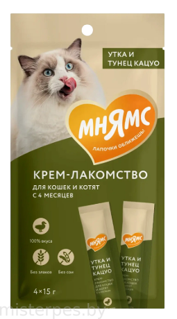 Мнямс Крем-лакомство с тунцом Кацуо и уткой, 15 г х 4 шт